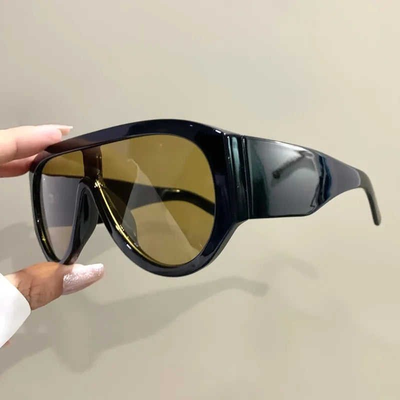 Retro Oversized Pilot Sunglasses Women Fashion Luxury Big Frame One Piece Gradient Green Sunglasses Round Classic Thick Shades - Kimlud