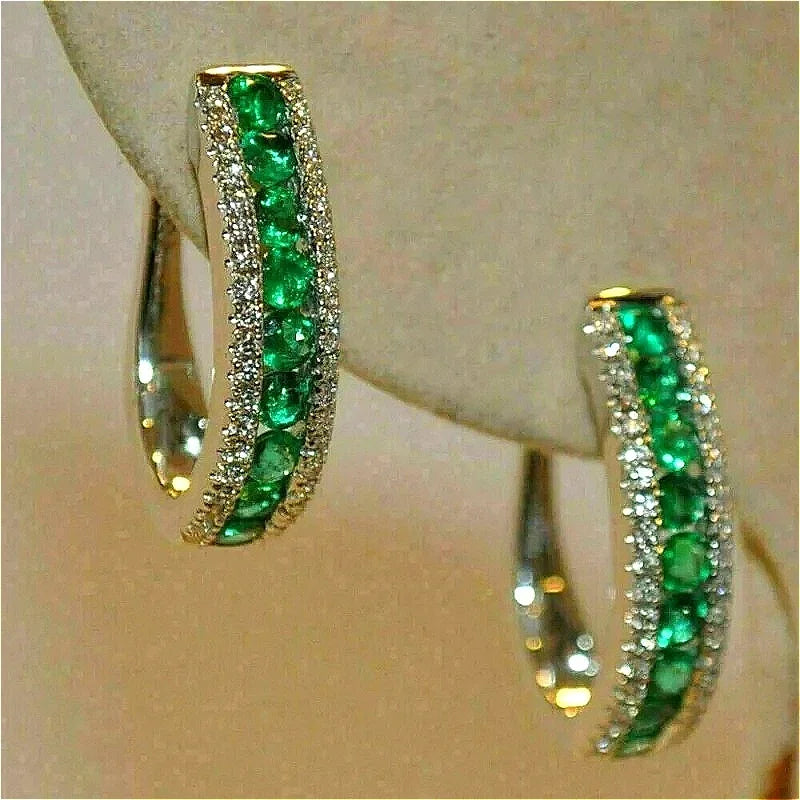 Luxurious Sparking Inlaid Green Synthetic Zirconia Hoop Earrings Women's Fashion Vintage Banquet Perfect Jewelry...