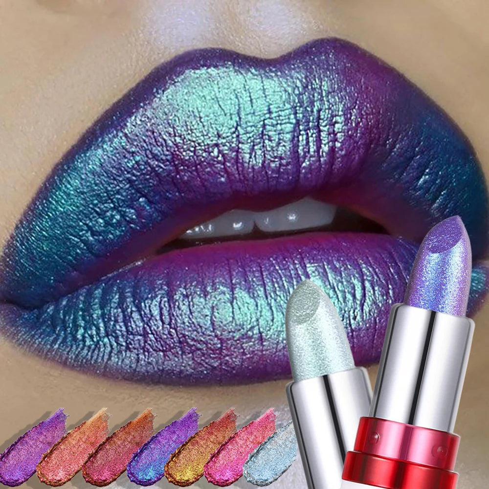 Radiation Metallic Blue Purple Chameleon Lipstick Glitter Diamond Color-Changing Green Lip Gloss Pearl Shine Charming...