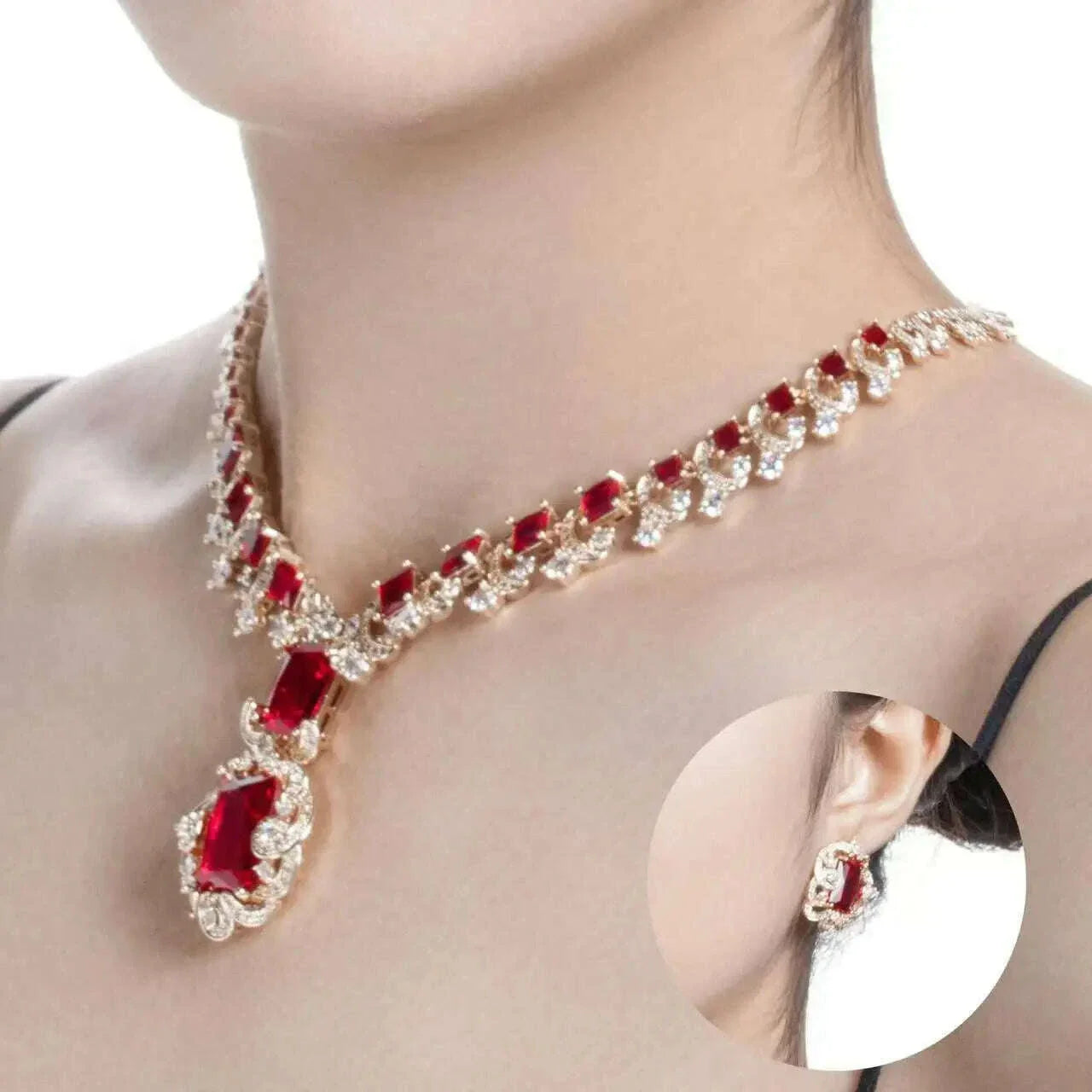 ASNORA New European and American Banquet Jewelry,  Heart Earrings Necklace Set Women's Red Zircon Square Pendant