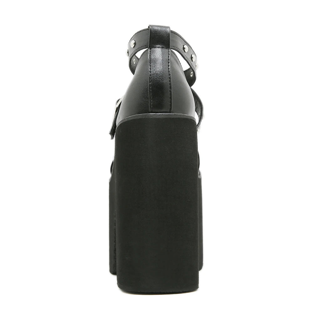 Gdgydh Punk Style Black Rivet Buckle High Heels Shoes for Women Trendy Gothic Waterproof Platform Shoes Belt Buckle...
