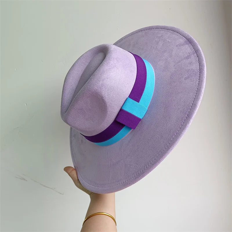 Colorblock Ribbon Colorful Suede Hat Autumn and Winter Women's Felt Hat Wide Brim Hat British Style Retro Men's Gorras Hombre - Kimlud