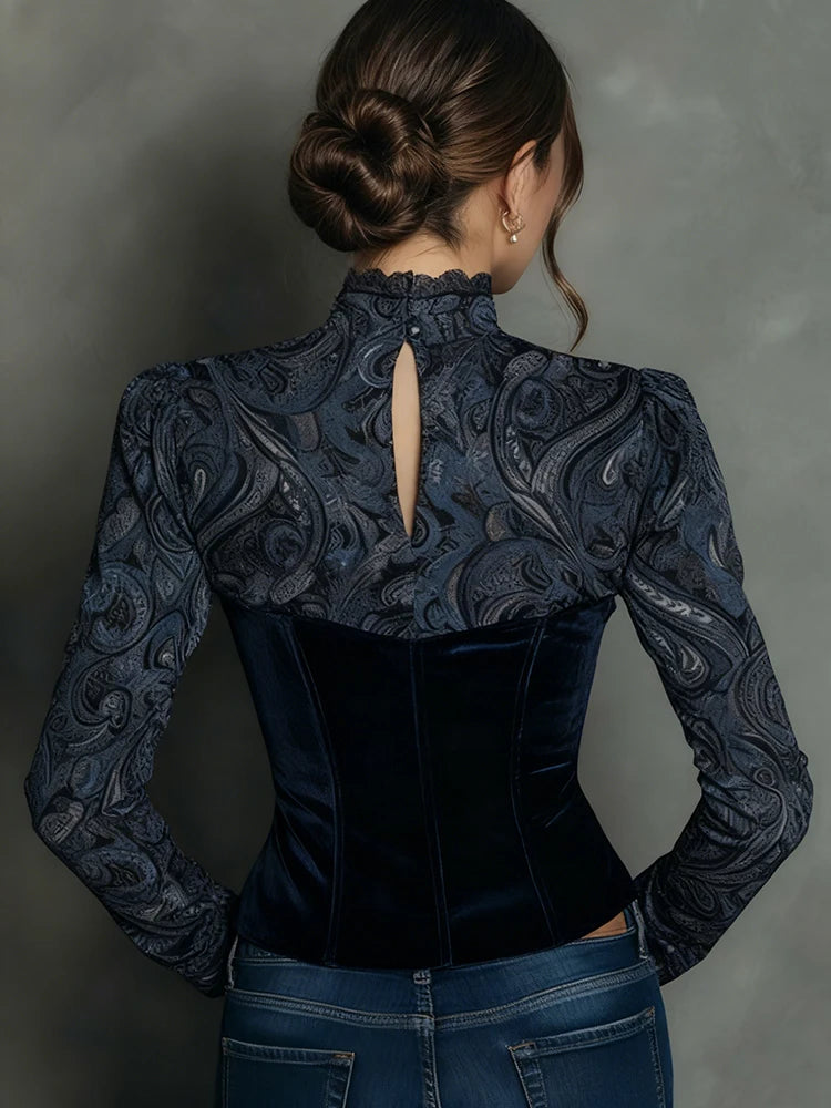 Sexy Lace Patchwork Vintage Printed Women's Shirt High Neck Hollow Out Slim Long Sleeve Chic Elegant Tops Single-Breasted Shirts