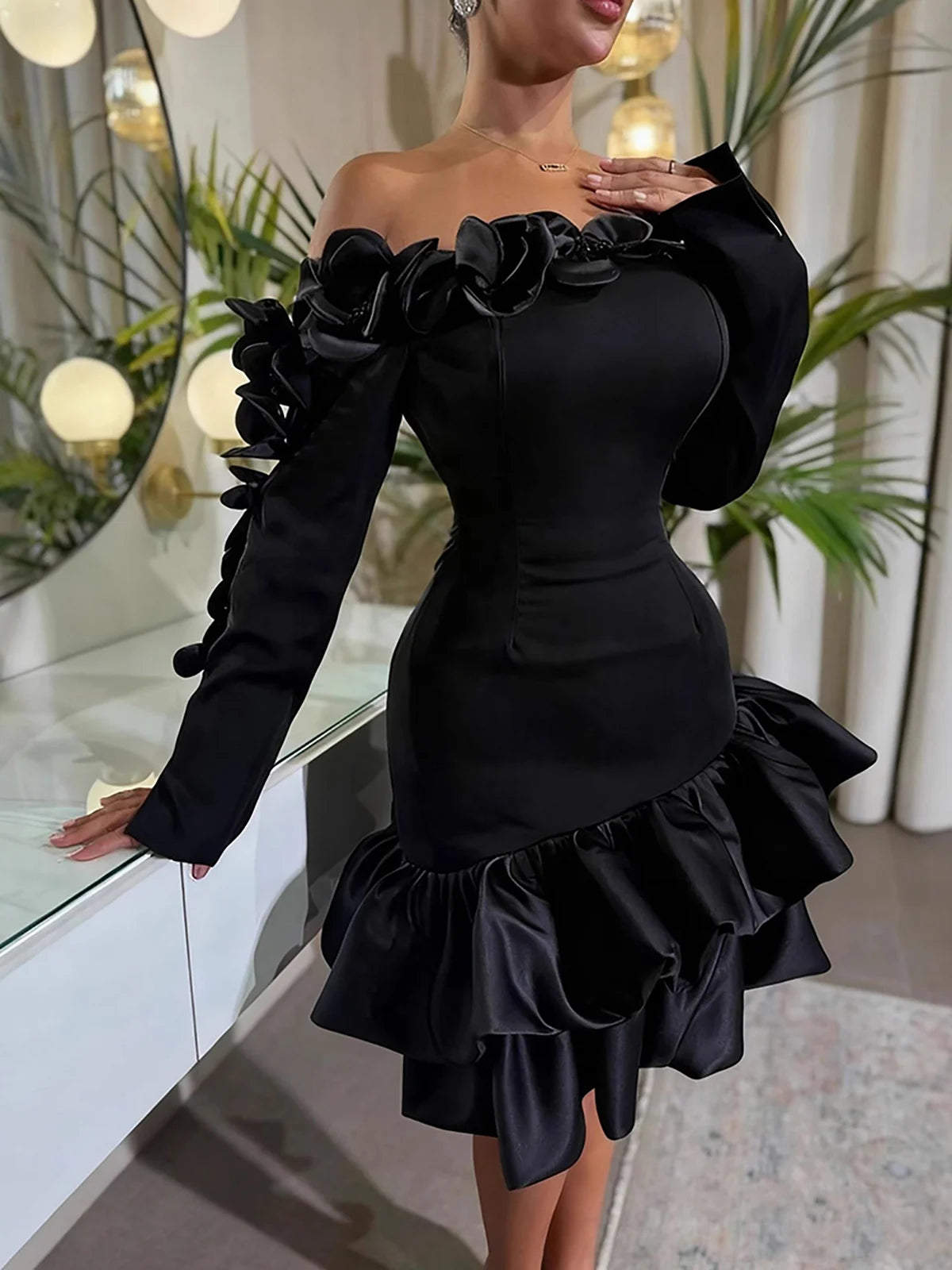 Sexy Off Shoulder 3D Flowers Women Party Dress Corset Ruffle Long Sleeve Irregular Bodycon Dress Cocktail Prom Chic Mini Dresses