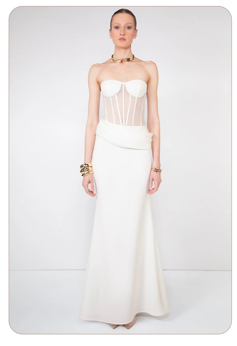 VC Elegant White Corset Simple Wedding Dress – Strapless Sheer Bodice Maxi Dress for Women Modern Minimalist Engagement Dress