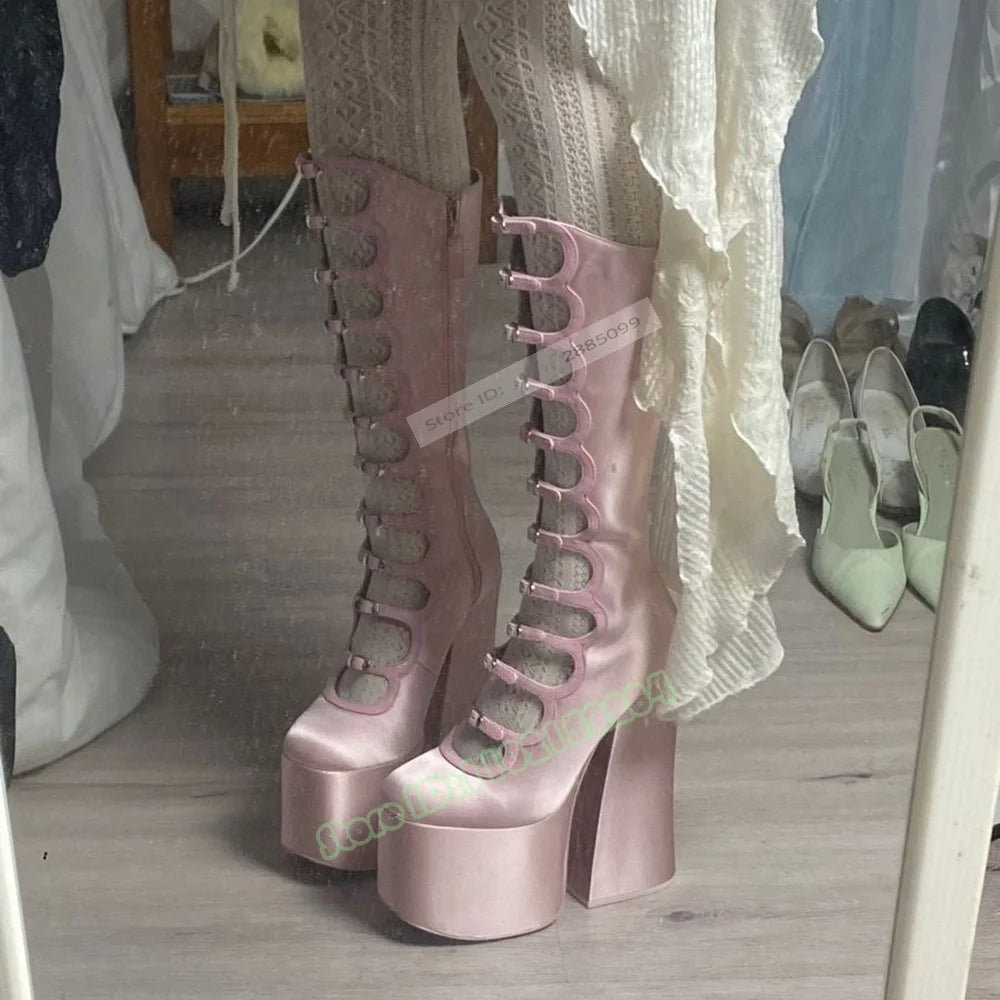 High Platform Pink Sandals Hollow Cuts Straps Buckles Chunky High Heels Solid Knee High Long Sandals Ladies Summer Sexy Shoes - Kimlud