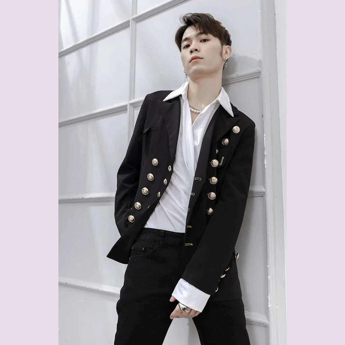 Spring And Summer New Black Personality Men's Jackets Singer Stage Suit Double Breasted Large Size Male Clothes Banquet Wedding