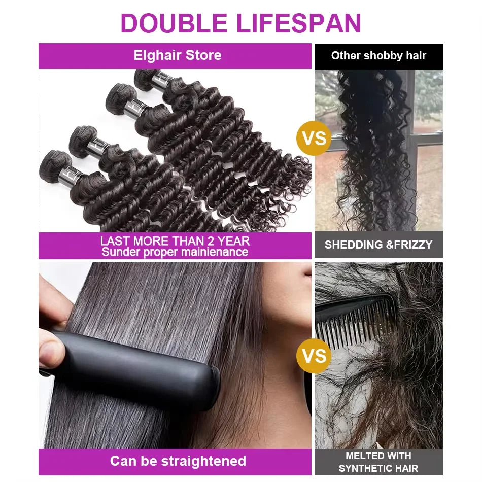 Deep Wave Human Hair Bundles Curly Hair 30Inch Brazilian Weaving Raw Virgin 100% Unprocessed Double Weft Hair Bundles Extensions - Kimlud