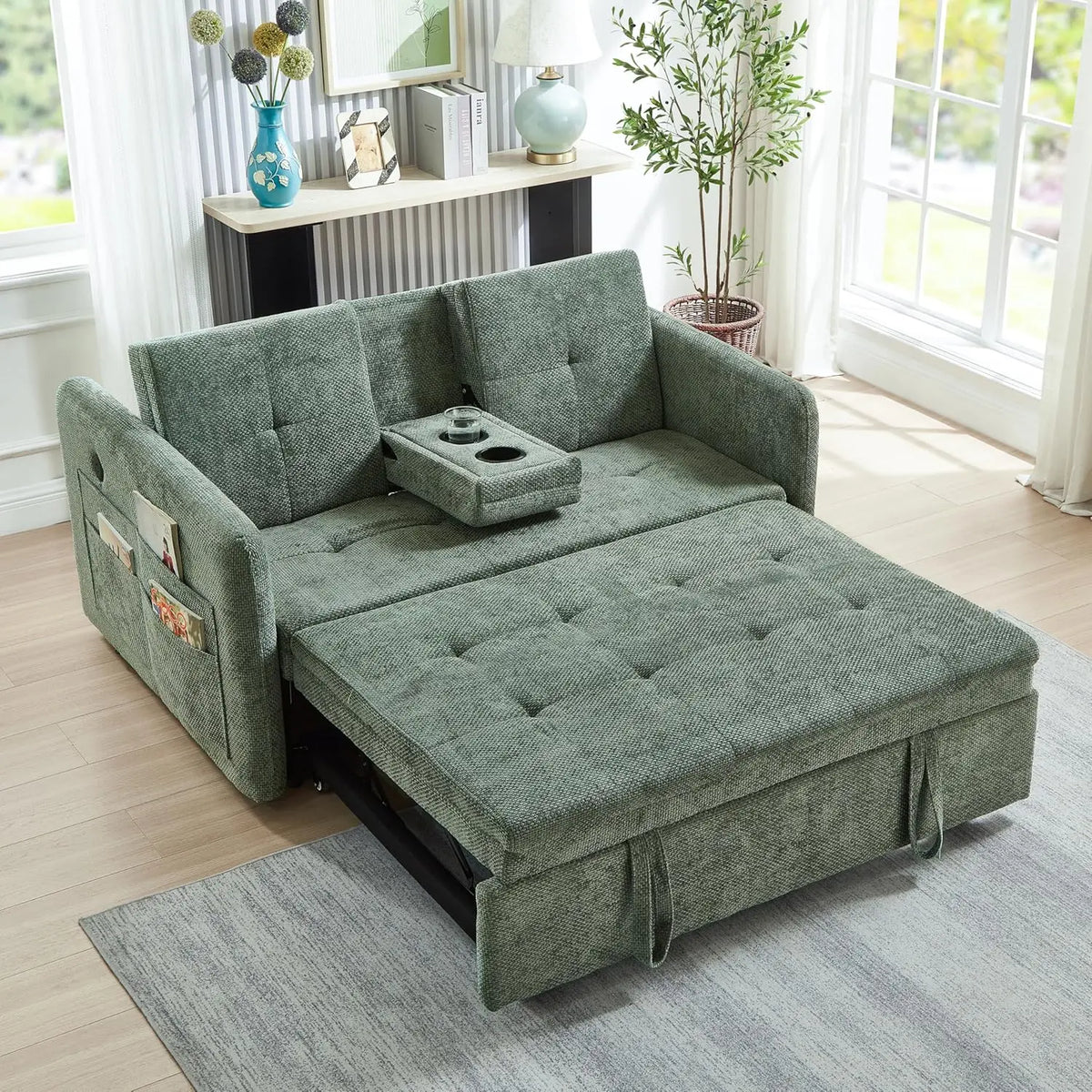 57.48' Convertible Sofa Bed with Cup Holder, Pull Out Sleeper Sofa Bed with USB Charging Ports | Kimlud Luxury Sofa