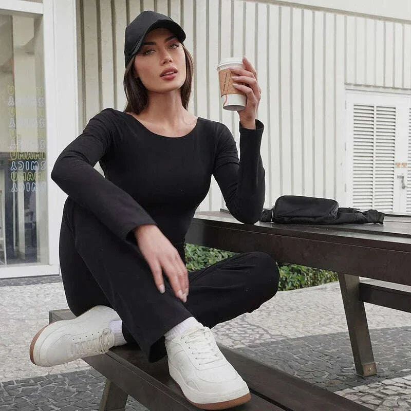 Black Sexy Jumpsuits Women New Autumn Fashion Backless Long Sleeve Solid Sports Fitness Yoga Rompers Casual Slim Fashion Overall