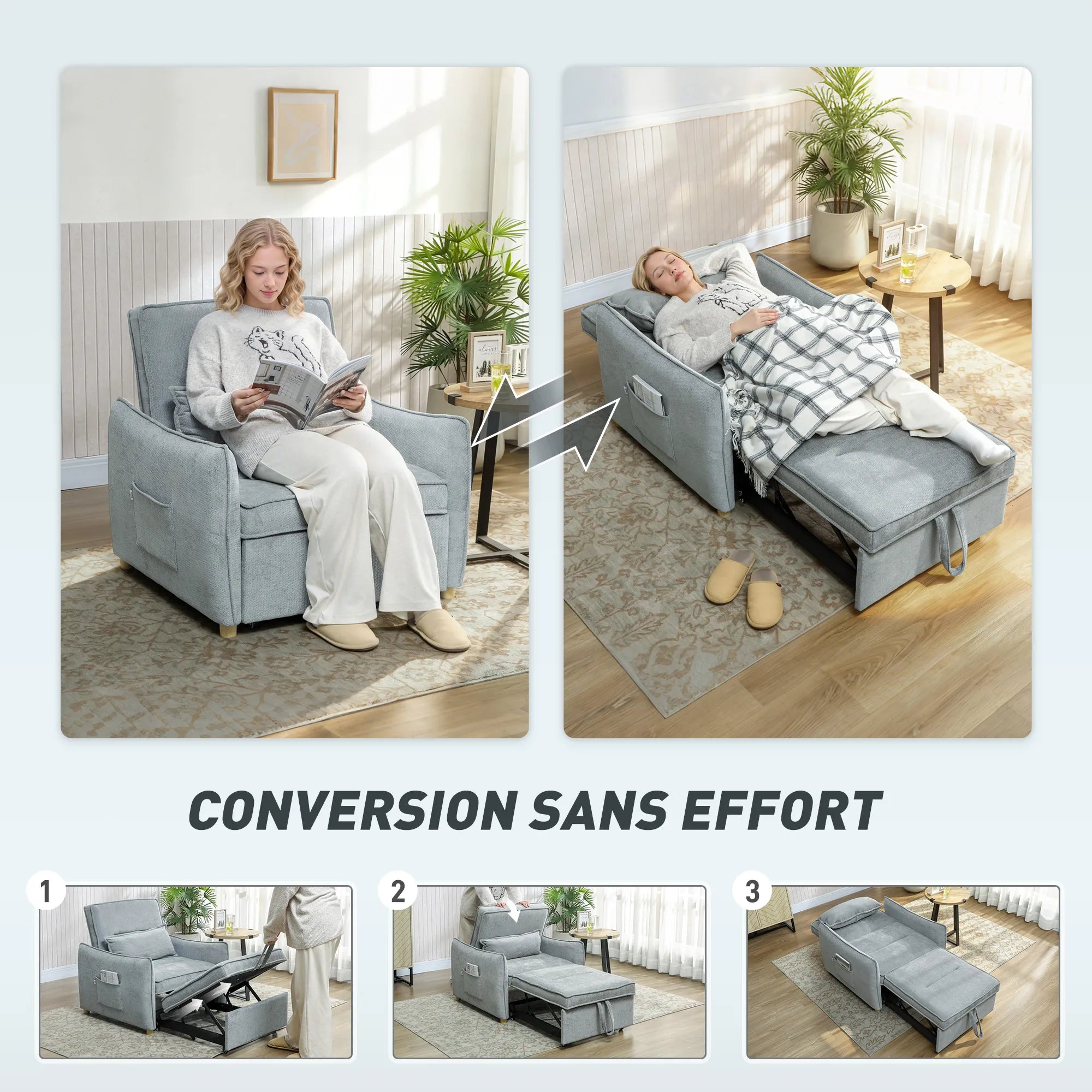 HOMCOM armchair convertible 1 place 3 in 1, armchair-bed Clickle with Wide Sating, Adjustable Backyard, pillow and - Kimlud