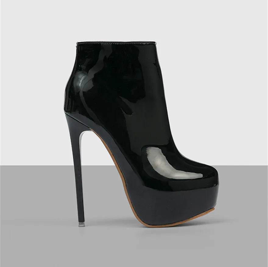 Big Size 35-47 Patent Leather Women Boots Round Toe Side Zipper Super High Heels 16CM Pumps 2025 Sexy Platform Party Shoes Woman