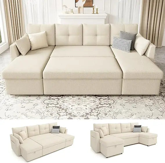 Oversized Sleeper Sofa Couch, 110 inch 2 in 1 Pullout Couch Bed with Double Storage Chaise, Sectional Sleeper Sofa Bed...