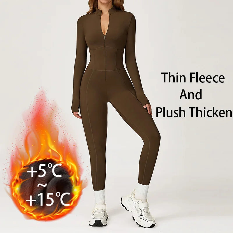Winter Warm Fleece Sports Jumpsuits Fitness Suits Women's Sportswear Zipper Long Sleeves Tops One-Piece Dance Bodysuit Female - Kimlud