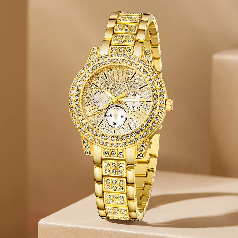 Women's Quartz Watch Gold Luxury Women Ring Necklace Earring Rhinestone Fashion Wristwatch Casual Ladies Watches Jewelry Set 