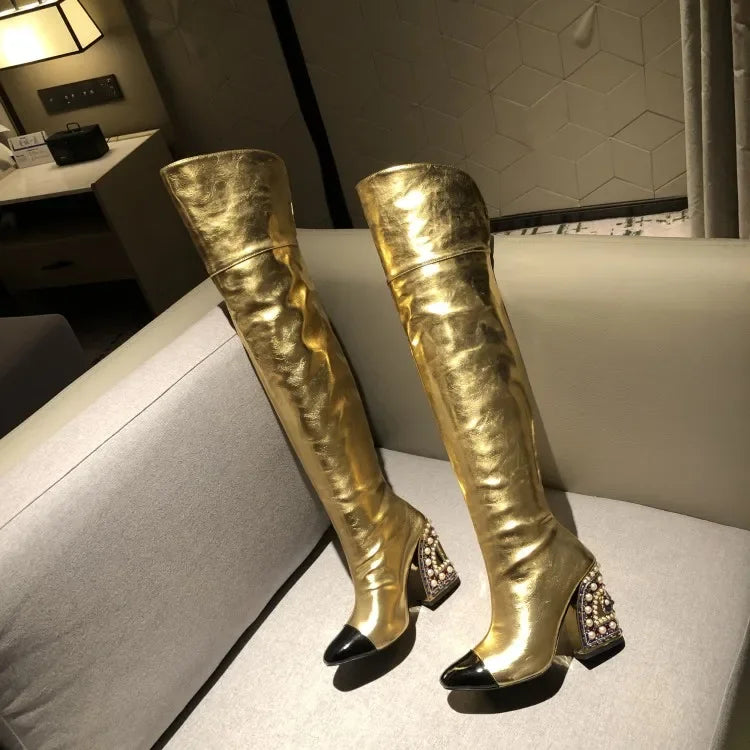 Colored Rhinestone Cowhide Mid Tube/knee Length Boots Thick Heeled Square Toe Black Gold Runway Runway Performance High Heels