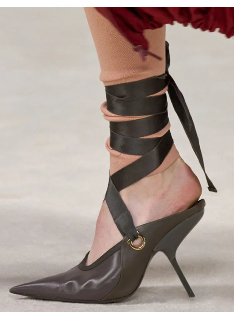 2025 Summer Women's Stiletto Ballet Sandals with Pointed Ankle Ribbons, Fashion Party Dance Shoes, Women's Large Fashion Sandals - Kimlud