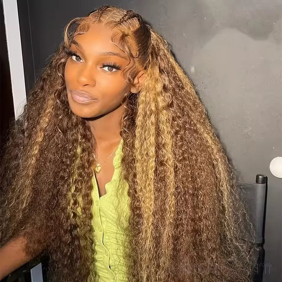 13x6 HD Curly Deep Wave Highlight Human Hair Wigs 250% Colored Honey Blonde Lace Front Wig Wear And Go Glueless Wig 30 34 Inch