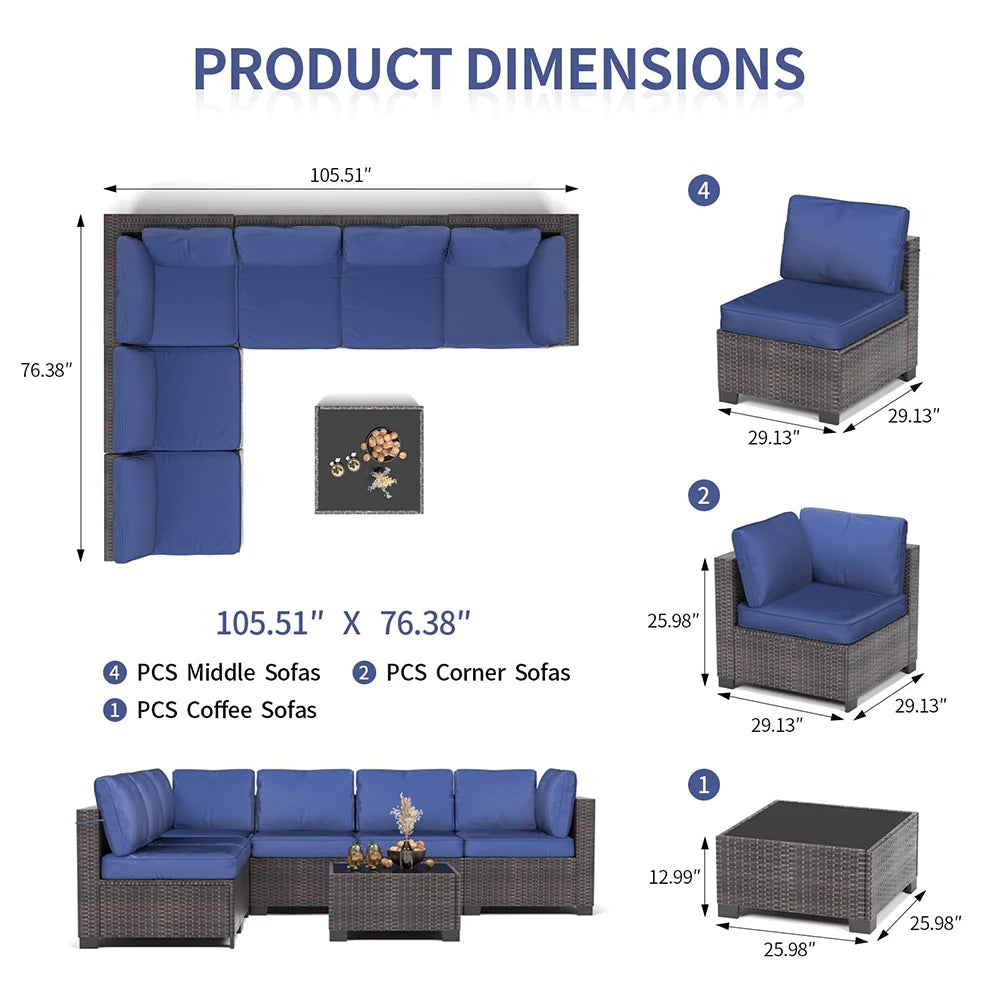 7-Piece PE Rattan Sectional Patio Set, Wicker Outdoor Sofa With Cushions & Glass Coffee Table, Conversation Furniture For Garden - Kimlud
