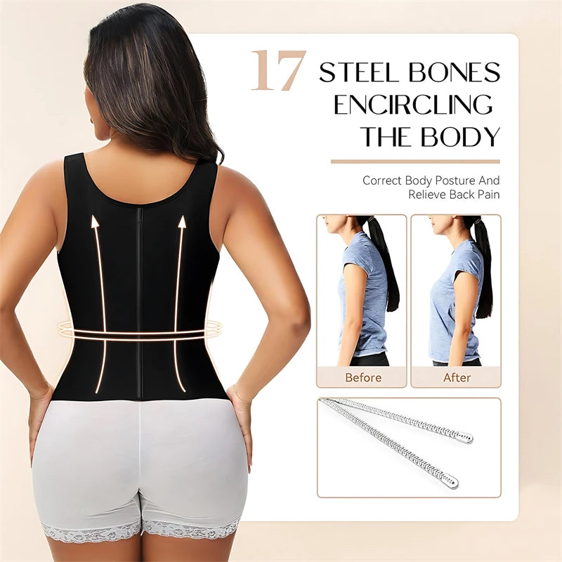 Shapewear Women Colombian Fajas Waist Trainer Tummy Control Vest Body Shaper 17 Steel Bones 3-Row Hooks Zipper Adjustable Strap