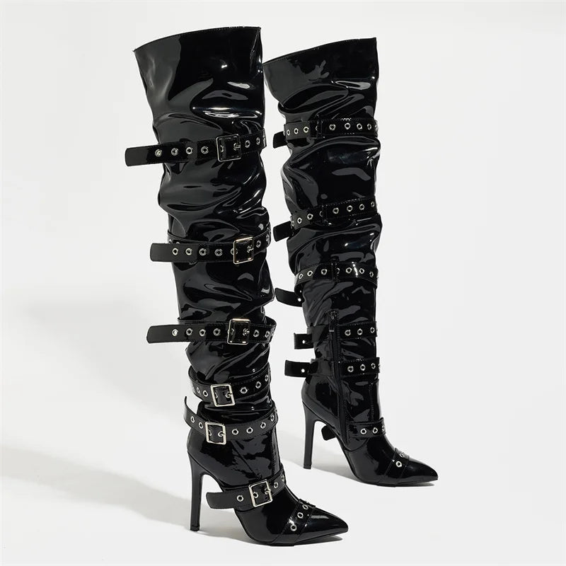 Liyke Punk Style Women Buckle Belt Strap Over The Knee Boots Fashion Zipper Thigh High Shoes Pointed Toe Party Strippers Heels