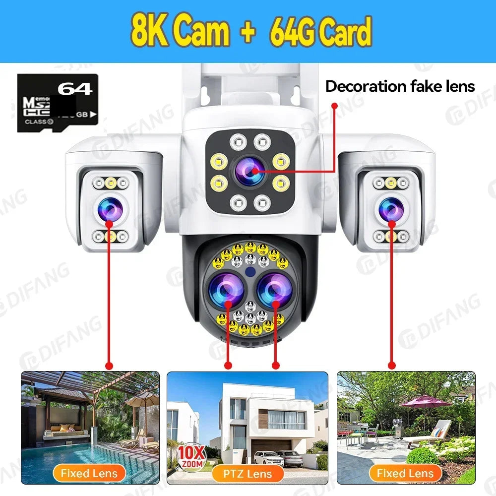 8K 16MP CCTV Wireless WiFi IP Camera Outdoor Four Lens Triple Screen Video Surveillance PTZ Yoosee Onvif Home Security Camera