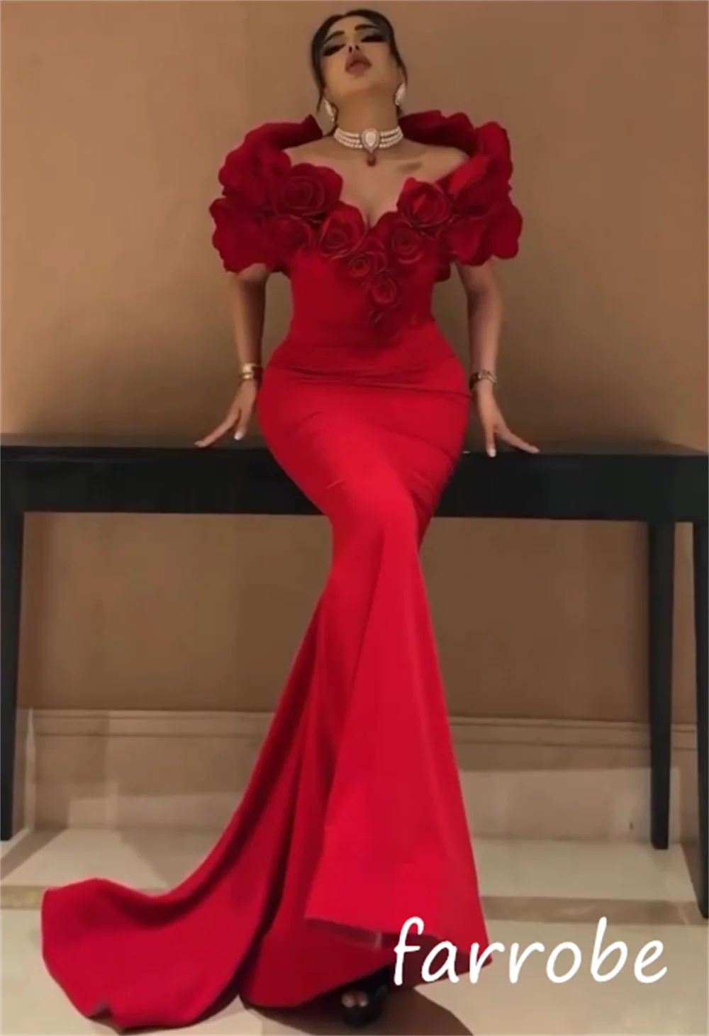 Customized High Quality Jersey Flower Pleat Trumpet Off-the-shoulder Long Dresses Bespoke Occasion Matching