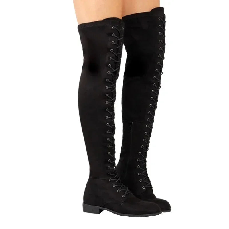 Six Colors Casual Women's Boots Low Heels Flock Winter Over Knee Boots for Woman 2023 Lace Up Fashion Female Thigh High Boots