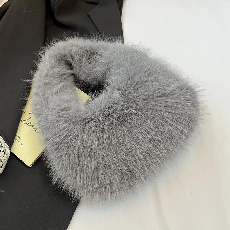2025 New Winter Soft Plush Bag For Women Designer Half Moon Fluffy Handbag Luxury Red Faux Fur Clutch Bag Female Tote Fashion Ba