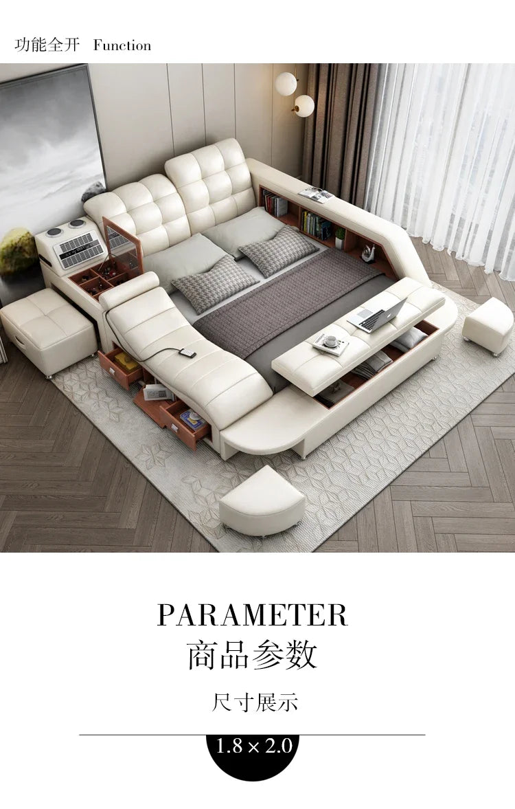 Genuine Leather Tech Smart Multifunctional Beds Massage Modern Luxury Camas Upholstered With Bluetooth Speaker,Air Cleaner
