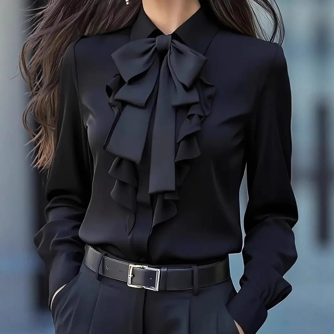 New Autumn Solid Color Lace-up Bow Ruffle Design Shirt For Women Vintage Long Sleeve Blouse White Shirt Autumn Female...