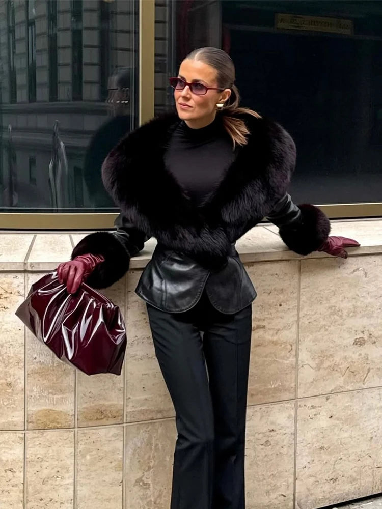Black Faux Fur Collar Leather Jacket Elegant Lapel V-neck Waist Cinching Long-sleeved Short Coats Lady Winter Commute Coat 2025