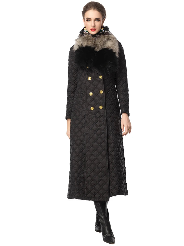 DSXDFACAIRIJ Women Color Blocking Fur Collar Long Sleeves Lace-Up High Street Double Breasted Geometric Outerwear Winter...