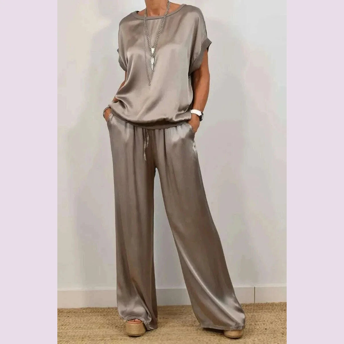 2025 Spring Satin Oversize Women Suit Black V-neck Tops Long Pants Loose Suits Female Summer Casual Trendy Ladies Clothes Sets