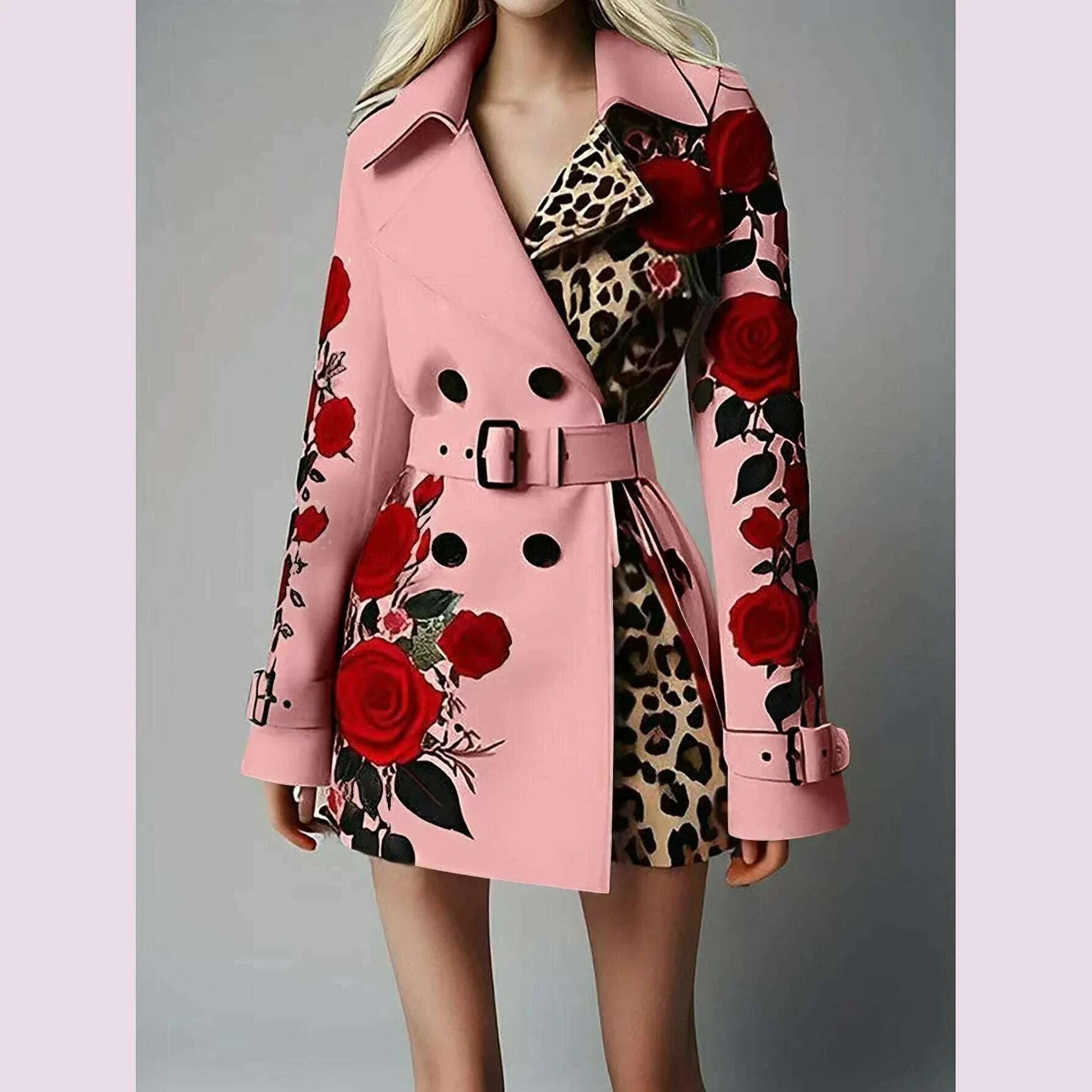 New Women's Spring Rose Leopard Print Suits Spring Office Elegant Slim Long Sleeve Coats Clothing With Belt For Women 2025 White