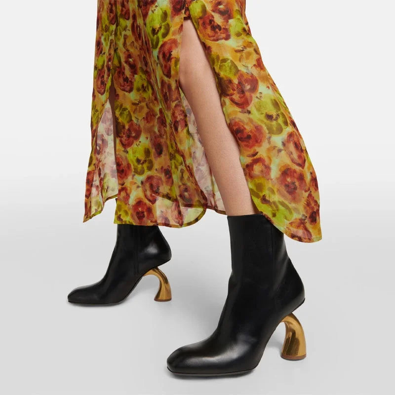 Stylish Metal Strange Heels Women's Ankle Boots Square Toe Zipper Solid Color Lady Pumps Elegant Commuting Madam Short Boots - Kimlud