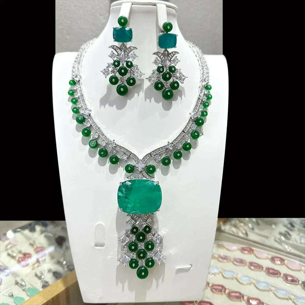 GODKI Trendy 2PCS Luxury Blue Green Zircon Statement Jewelry Set For Women Wedding Indian African Dubai Bridal Necklace