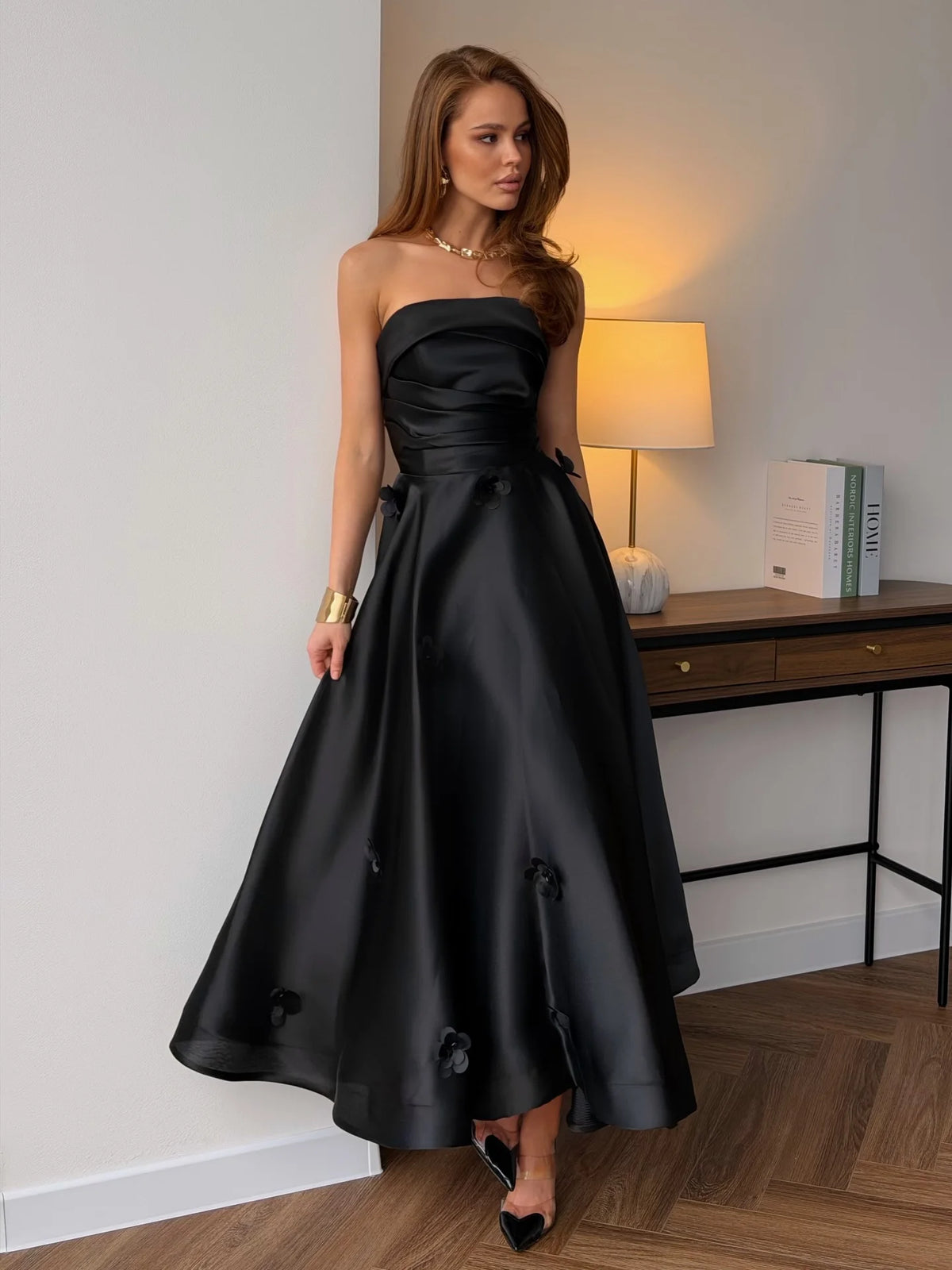 Ofherown 2026 Strapless Satin Evening Dress Prom Gown A Line Formal Party Dress With 3D Flower Appliques