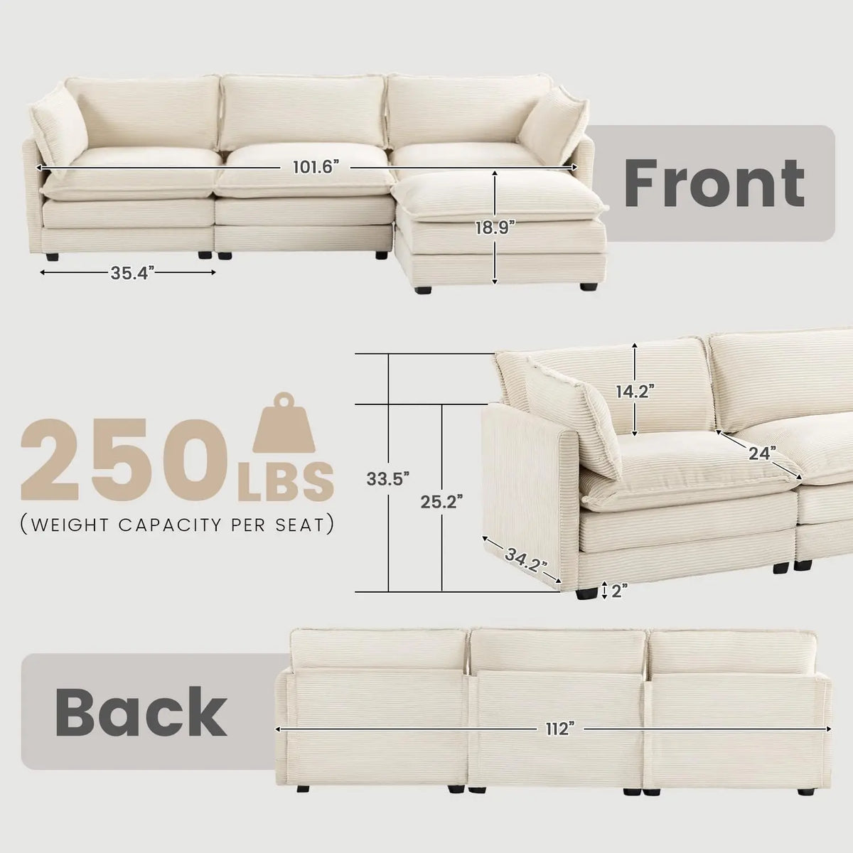 Sectional Sofa with MovableOttoman, 112 Inch 4 Seat Modern Corduroy Sofa Set, ConvertibleL | Kimlud Luxury Chair