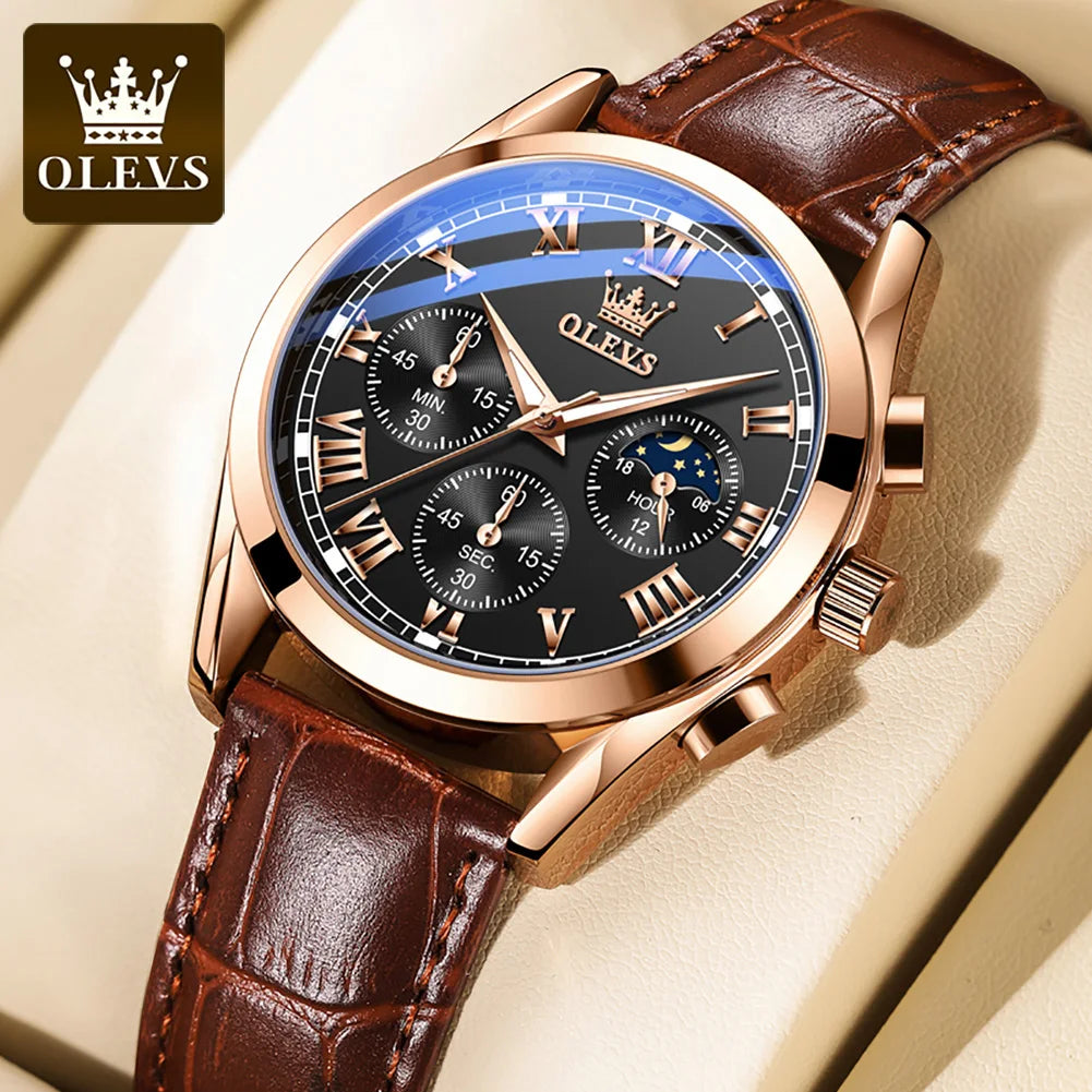 OLEVS 2871 Men Watch Original Brand Quartz Watch Multifunctional Chronograph Watch For Man Waterproof Luminous Moon Phase Watch - Kimlud