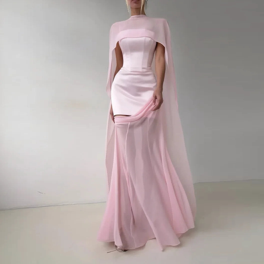 Pink Formal Dress with Cloak Backless Custom Made Sexy Prom Gowns See Through Chiffon Spaghetti New Couture Long Prom Dresses - Kimlud