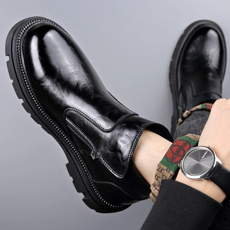 British Style Fashion Men's Casual Leather Boots Outdoor High Top Genuine Leather Non-slip Ankle Boots Retro Style Walking Botas