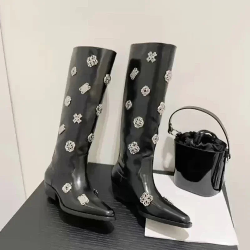 Square Toe Metal Decoration Block Heel Knee-High Boots Woman Winter 2025 New In Black Slip-On Boots Fashion Shoes for Women