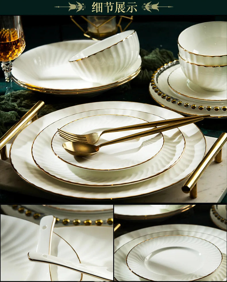 Bowl and dish set bone china tableware set bowl Jingdezhen light luxury simple hand drawn gold ceramic bowl and chopsticks plate - Kimlud