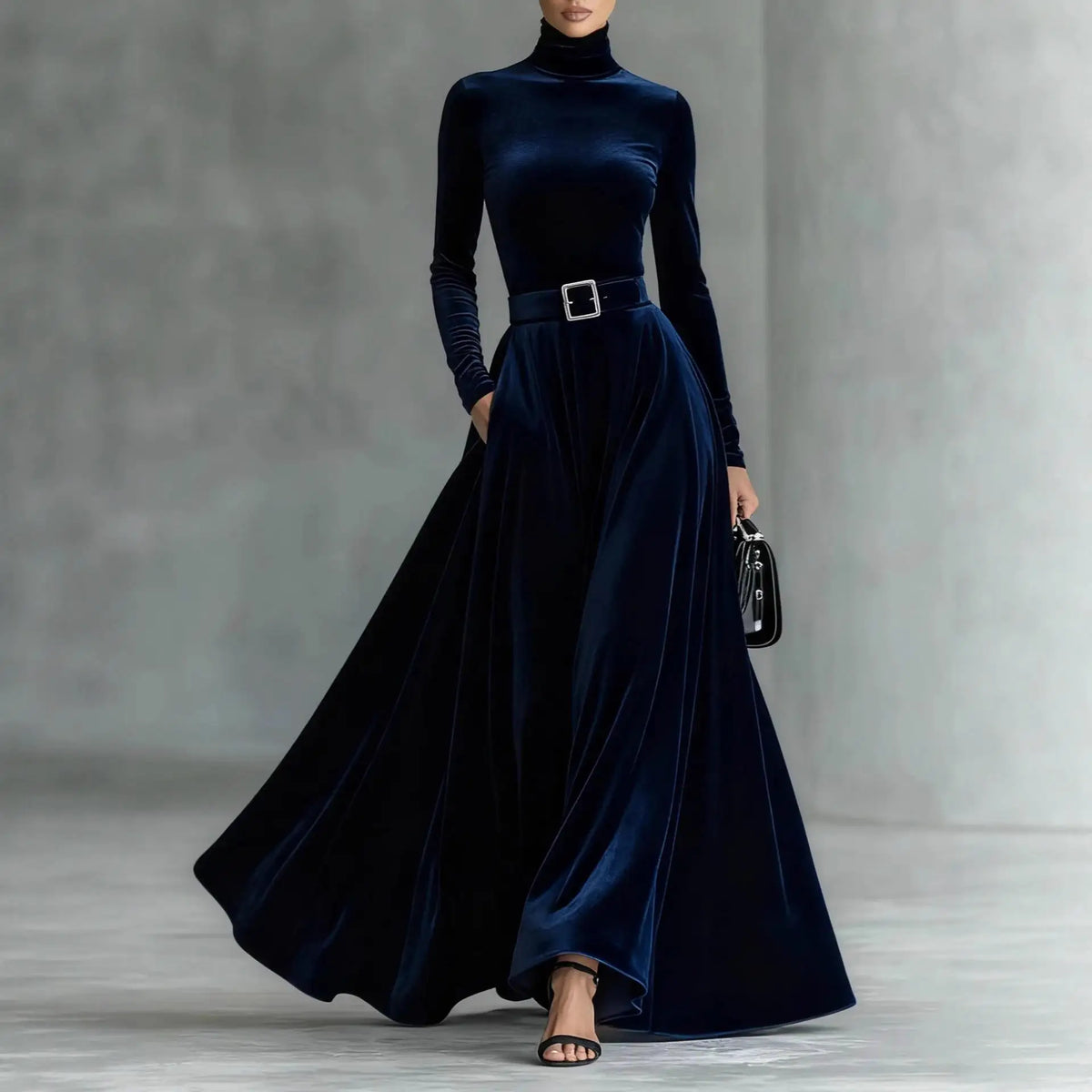 Velvet High Collar Base Dr Evening Gown mid Waist Long Skirt Ci Commute Sle Autumn Season Women's Faion Single Piece |...