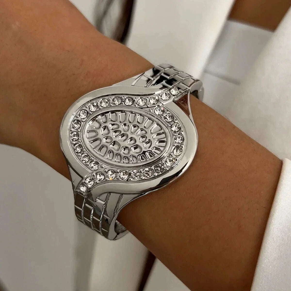 IngeSight.Z Exaggerated Large Inlaid Rhinestone Watch Shaped Heavy Metal Spring Bangles Women's Classic Statement Party Jewelry