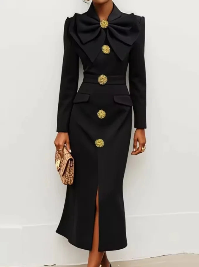 Women's New Formal Evening Dress Bow Tied Buttoned Long Sleeve Slim Long Dress 2026 Autumn Female Elegant Black Party Dresses