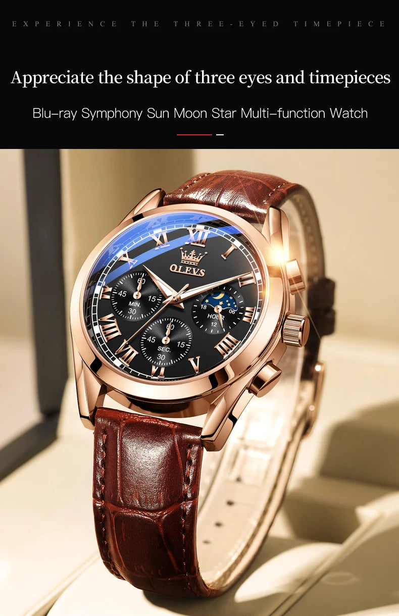 OLEVS 2871 Men Watch Original Brand Quartz Watch Multifunctional Chronograph Watch For Man Waterproof Luminous Moon...
