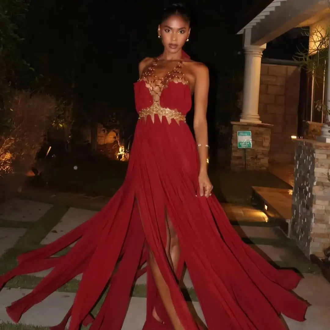Red Gold Chain Detail Evening Dress Halter Maxi Gown Sexy Party Dress Luxury Occasion Wear