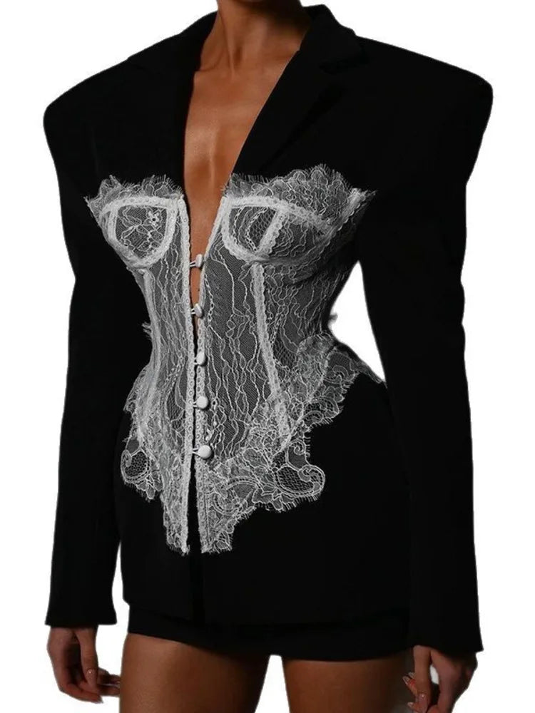 ZMEENNA 2025 Spring New Women's Black Blazer With Delicate White Lace Corset Overlay Structured Shoulders ZM954